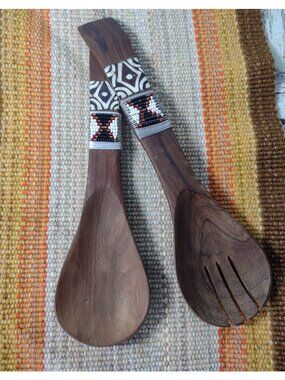 Wooden Seed Bead Tribal Inlay Salad Servers Fork Spoon Set African Ethnic